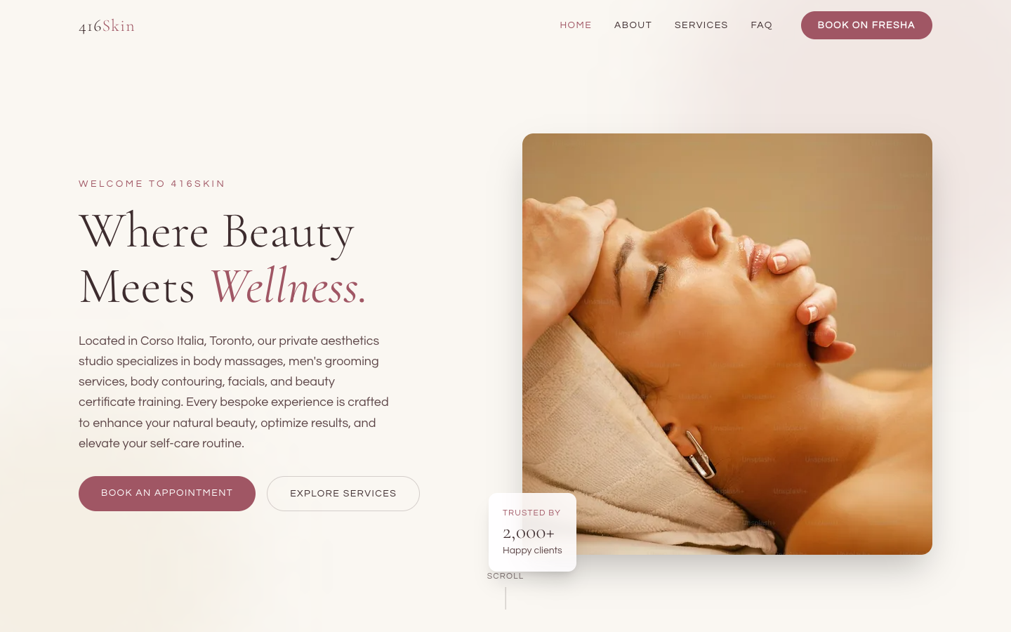 The home page — elegant type and a warm cream palette set the tone before a single treatment is listed.