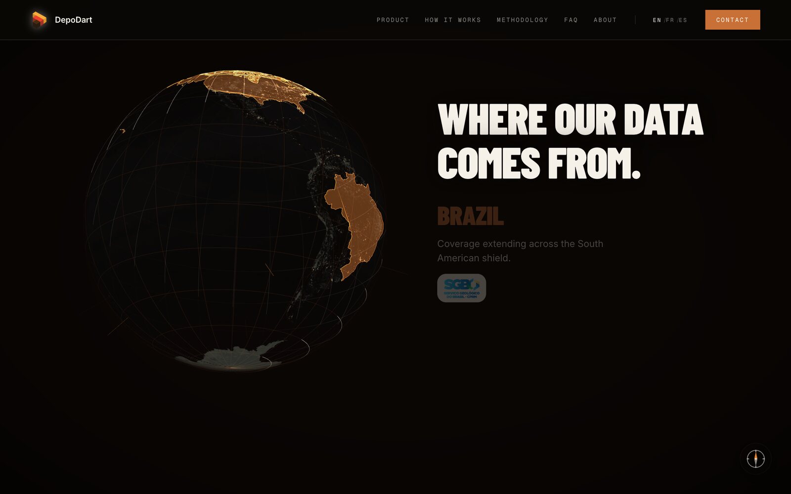 Coverage — a glowing globe that lights up, region by region, with the survey data the AI learned from.