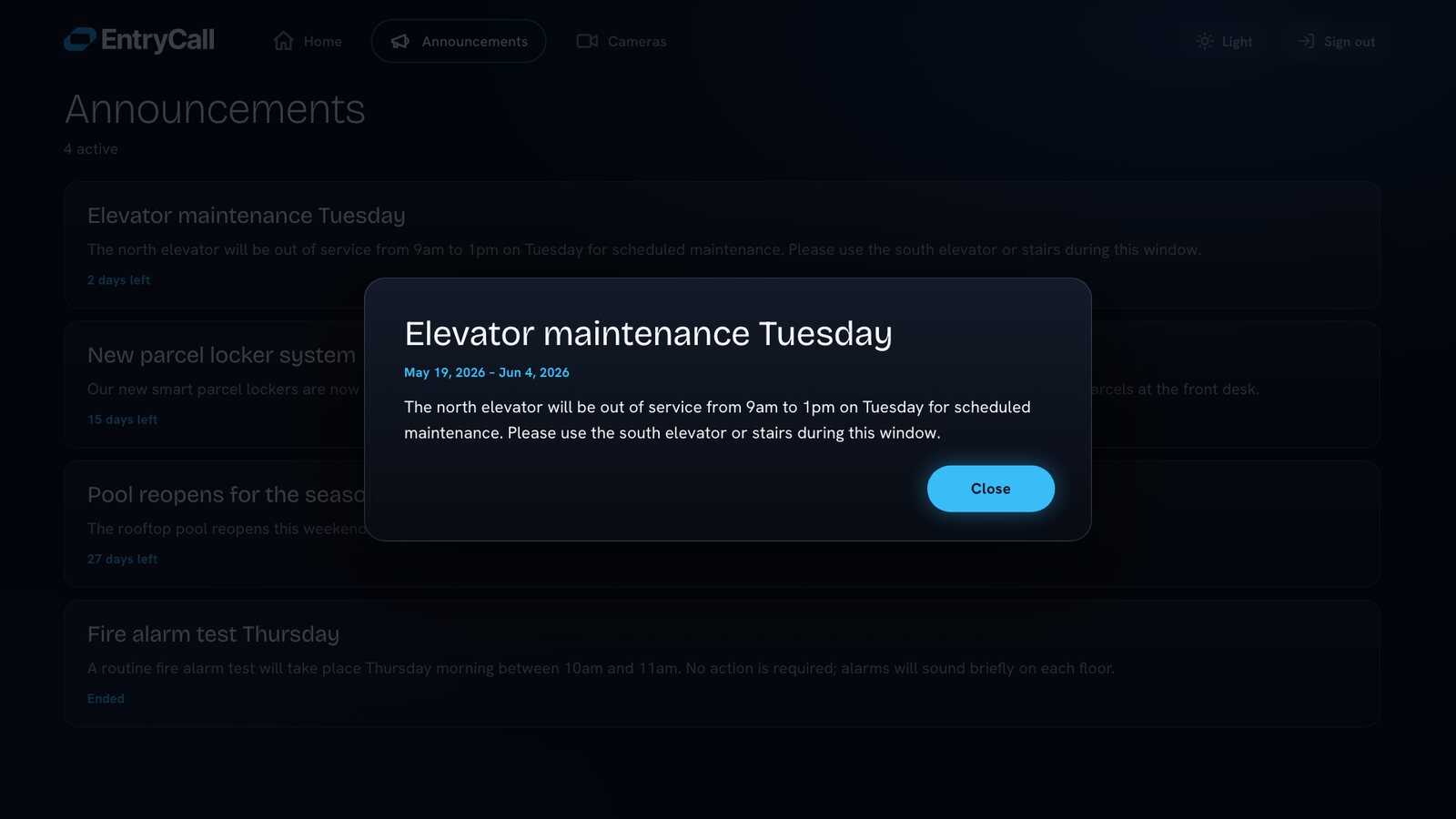 An announcement opened full screen — and when you close it, the highlight returns to where you left it.