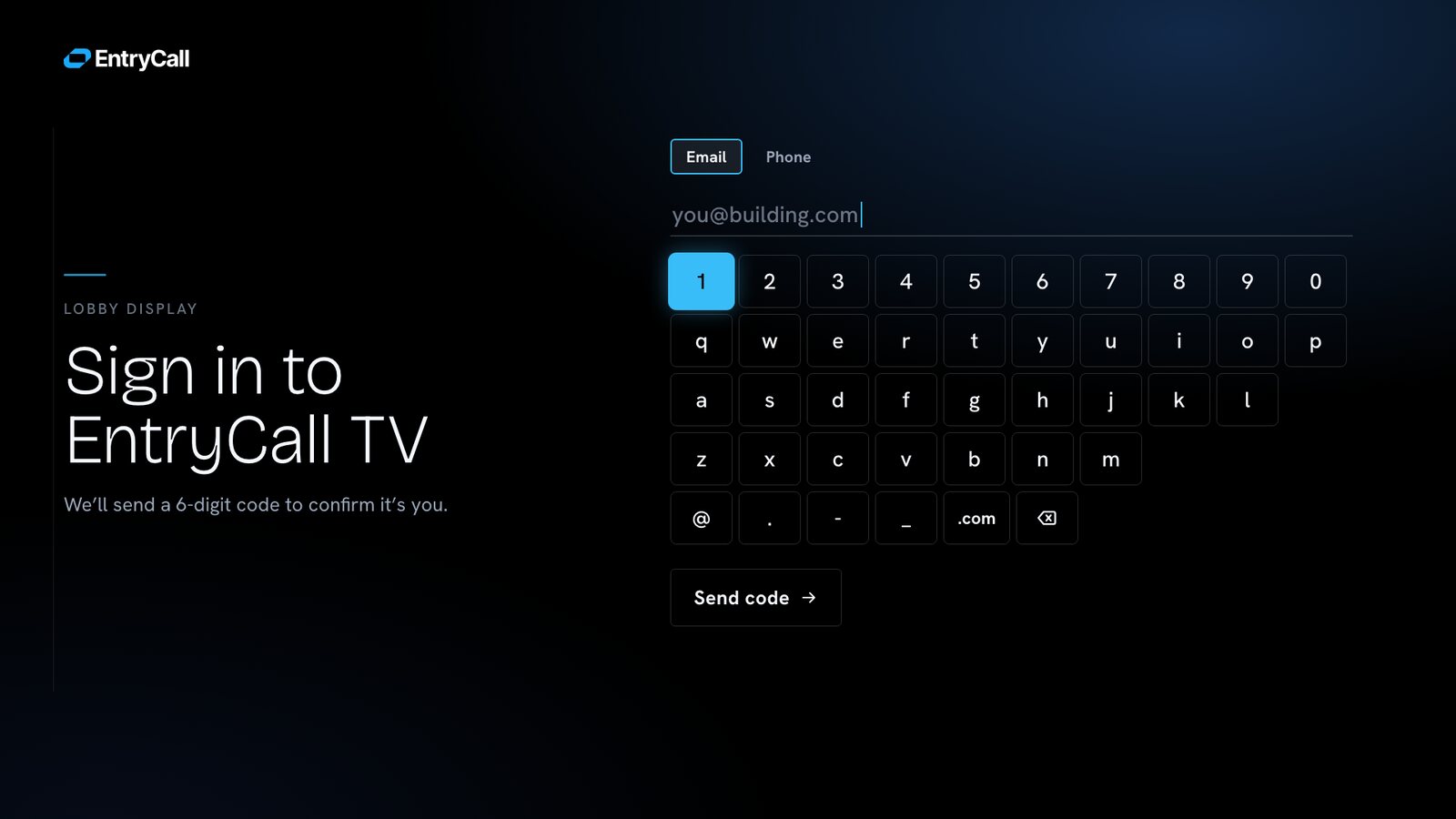 Sign-in with a one-time code — an on-screen keyboard driven entirely by the remote. The TV stays linked after a restart.