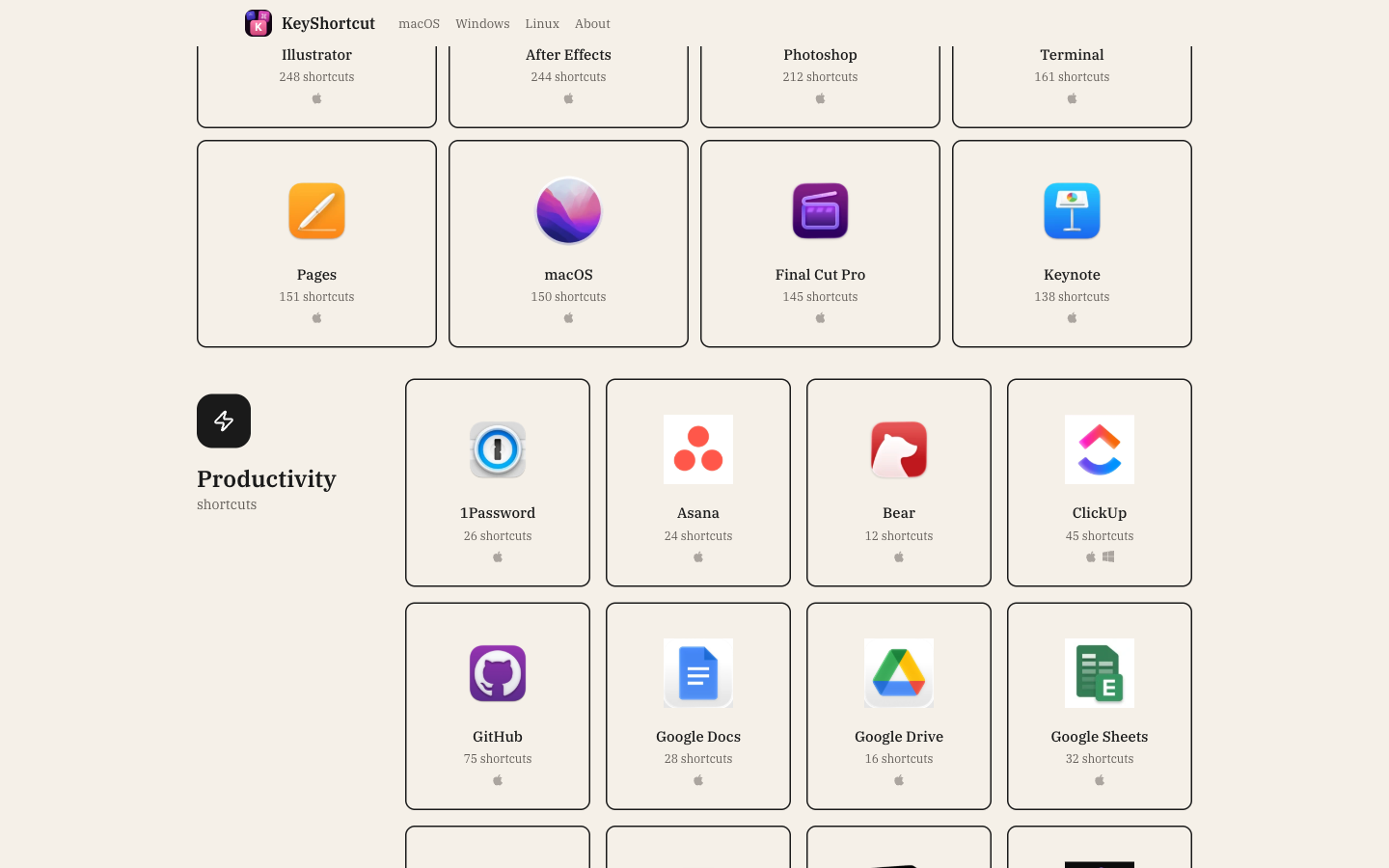 The full catalog — every app has its own page, grouped by category with live counts.