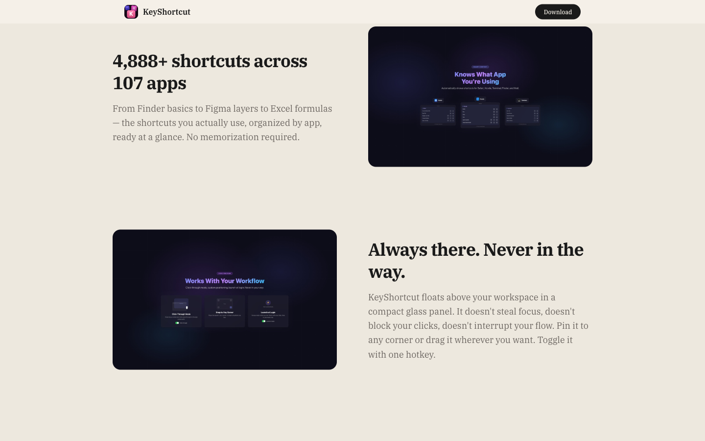 Context-aware — the panel notices which app is in front and swaps its content instantly.